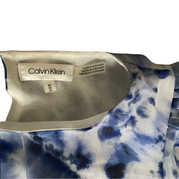 Calvin Klein Women’s Round Neck Textured Puff Sleeve Blue White Top SzM - Picture 3 of 4